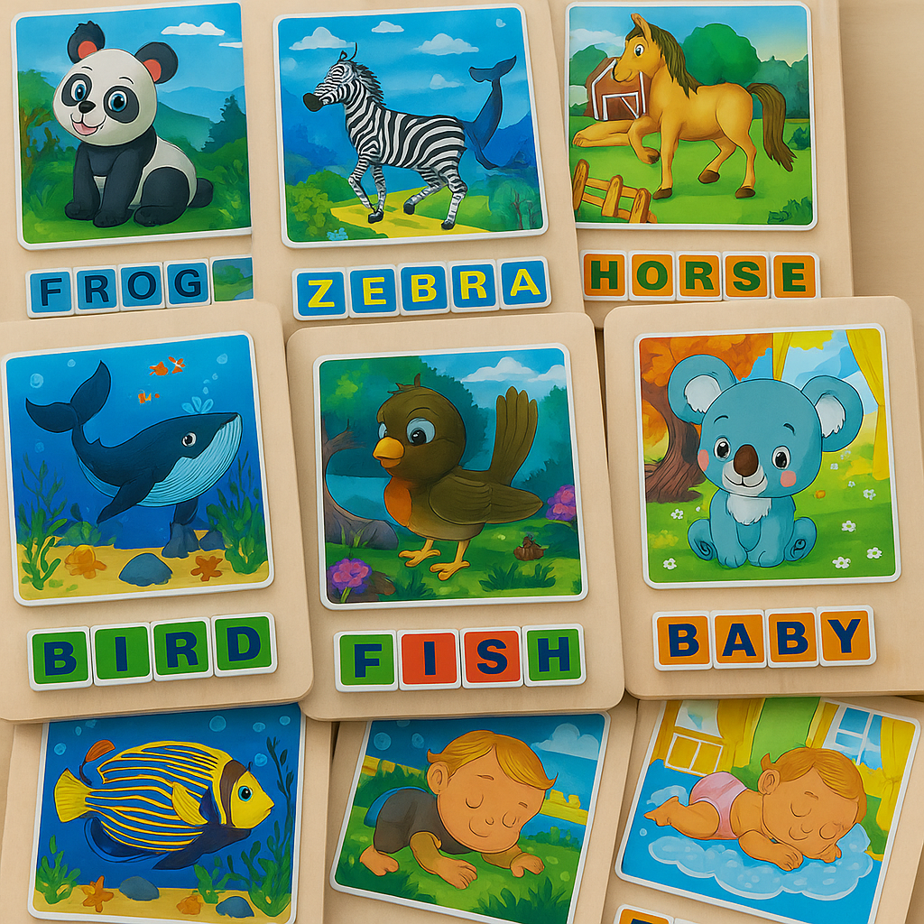 Wooden Montessori Animal Puzzle with Spelling Blocks