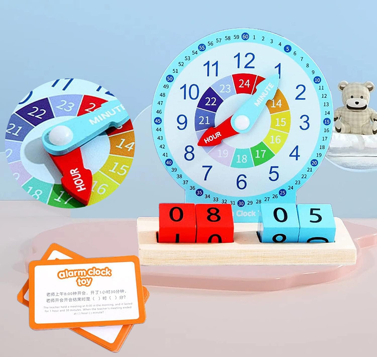 Wooden Alarm Clock Toy With 40 Question Cards