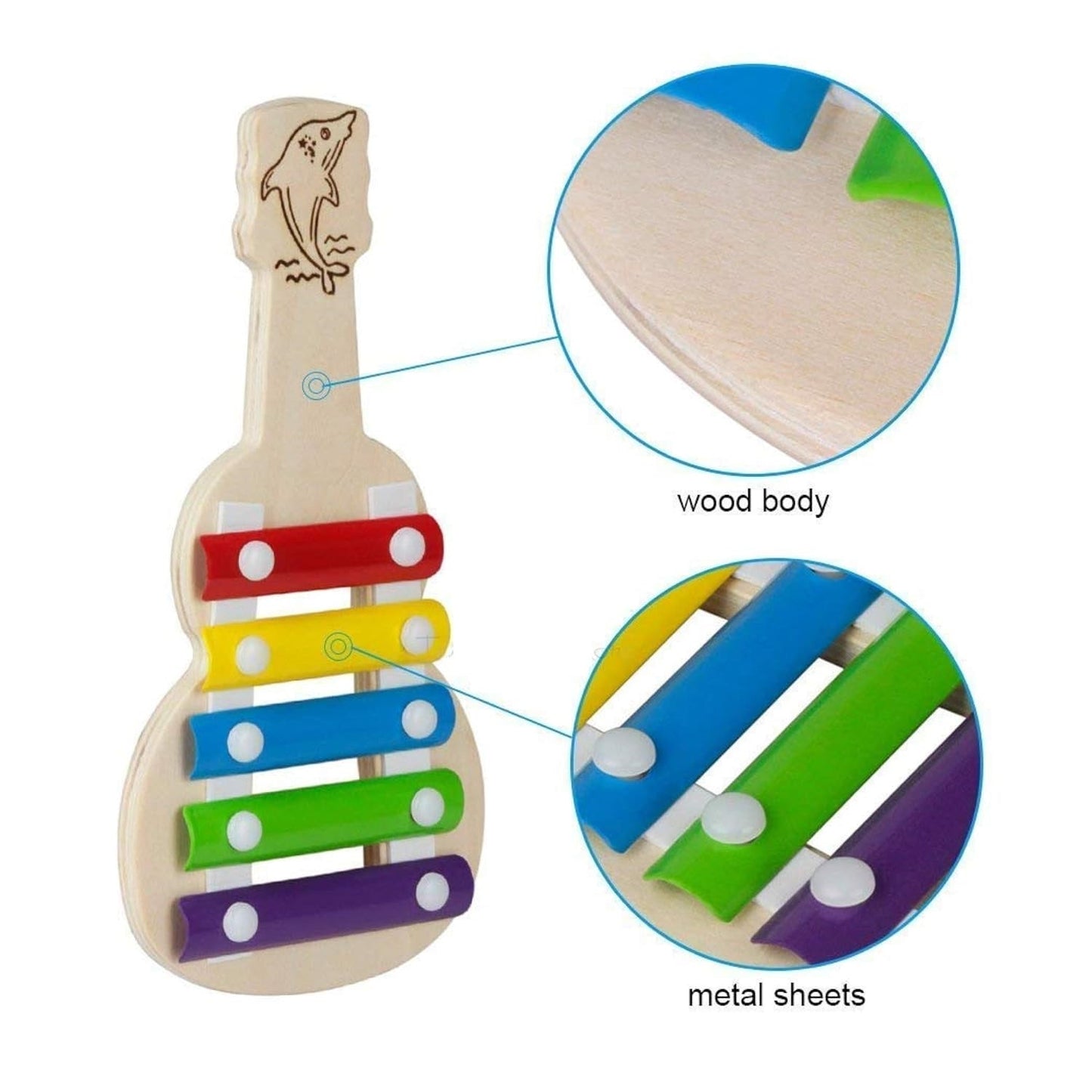 Wooden Multicolor Guitar Shaped 5 Notes Musical Xylophone