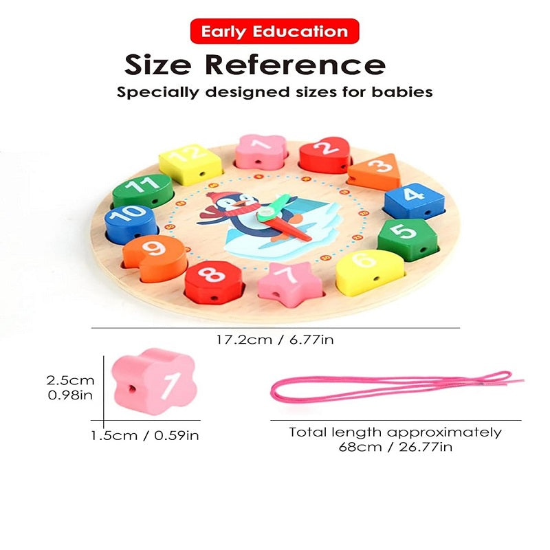Wooden Multicolor Geometric Shape Sorting Clock With Threading Activity