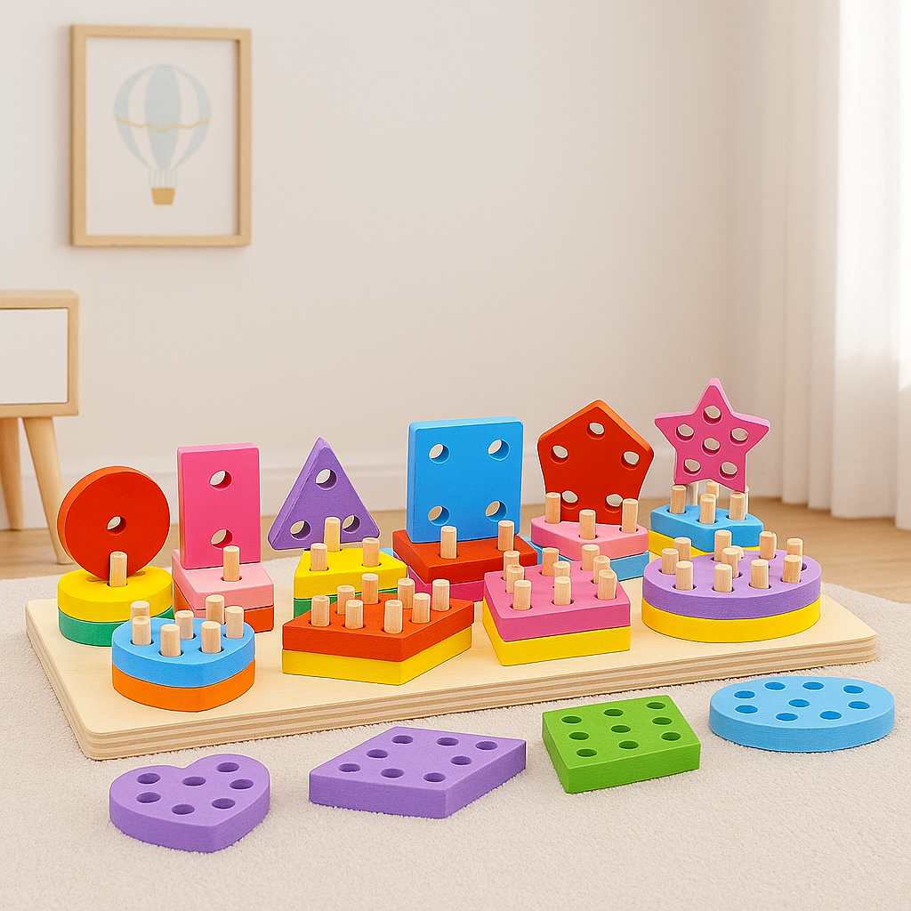 Wooden 10 Multicolor Geometric Shapes Sorting Board