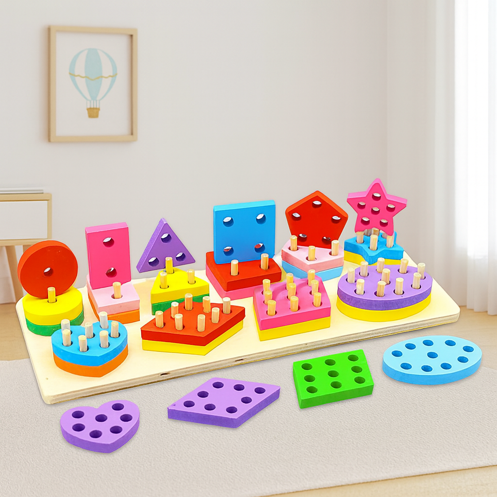 Wooden 10 Multicolor Geometric Shapes Sorting Board