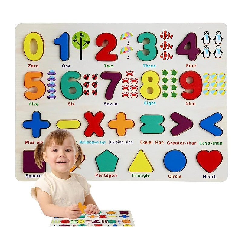 Wooden 3d Multicolor 0-9 Numbers With Shapes & Sign Sorting Board