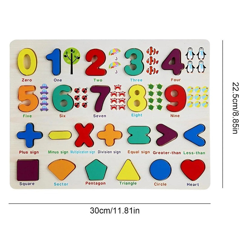 Wooden 3d Multicolor 0-9 Numbers With Shapes & Sign Sorting Board