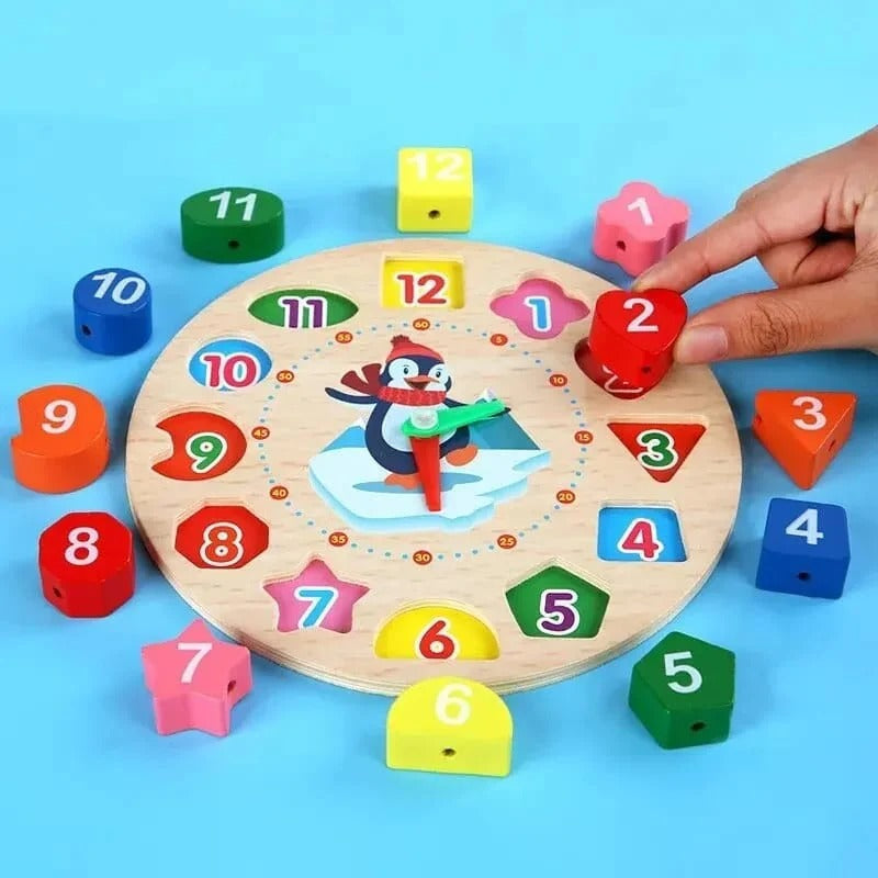 Wooden Multicolor Geometric Shape Sorting Clock With Threading Activity