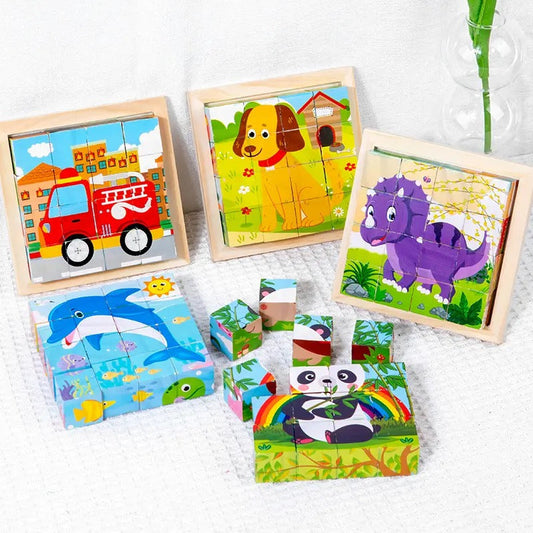 Wooden 6 in 1 Cartoons Cubes Montessori Puzzles Sorting Game