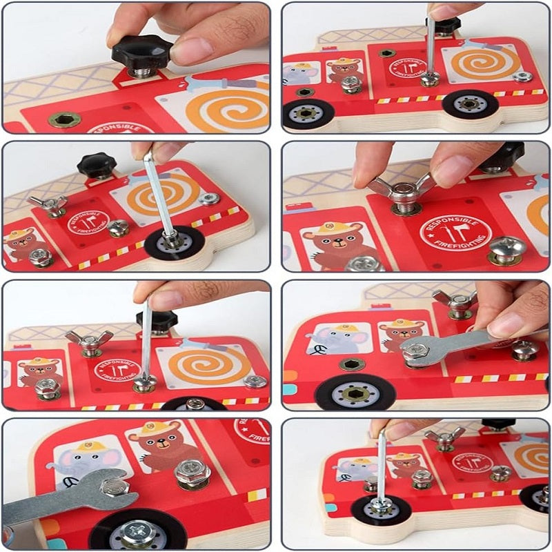 Wooden Fire Truck Screws Assembling With Tools