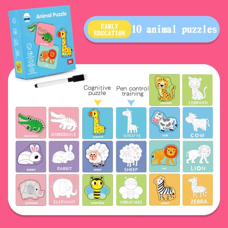 Wooden Multifunctional Animals Jigsaw Puzzle With Sketching Activity