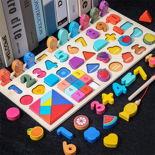 Wooden Multifunctional logarithmic Busy Board With Tangram Puzzle