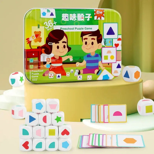 Wooden Montessori Dice Shape Matching Game With Flash Cards