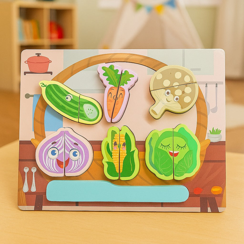 Wooden 3D Vegetable Cutting Puzzle Sorting Board