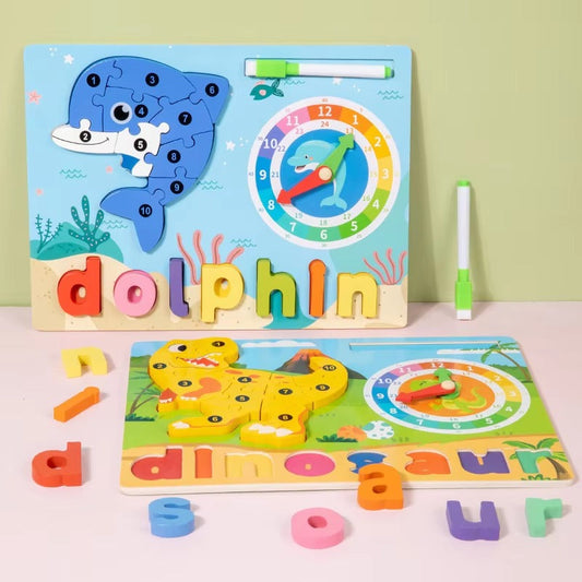 Wooden 4in1 3D Puzzle Sorting & Drawing Board With Clock