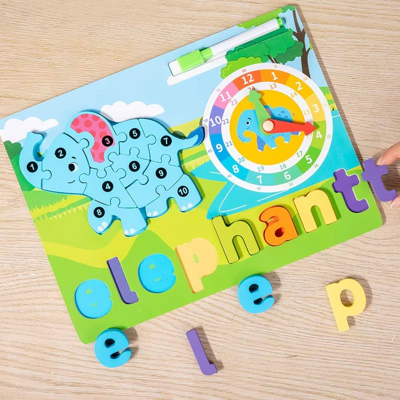 Wooden 4in1 3D Puzzle Sorting & Drawing Board With Clock