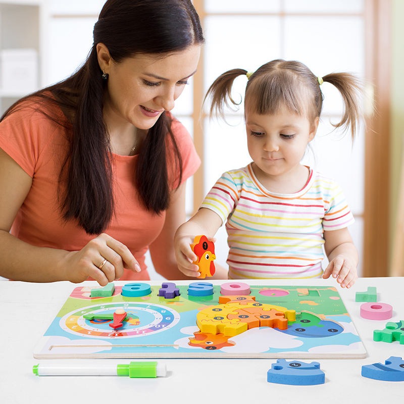 Wooden 4in1 3D Puzzle Sorting & Drawing Board With Clock