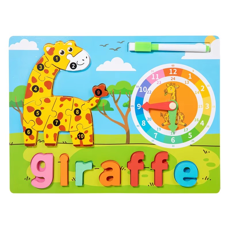 Wooden 4in1 3D Puzzle Sorting & Drawing Board With Clock