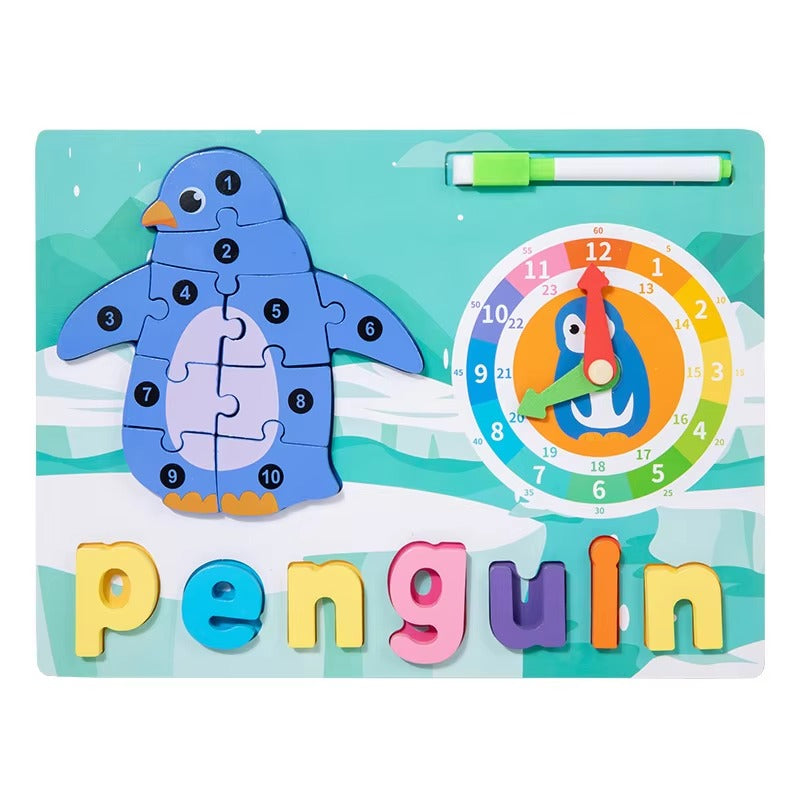 Wooden 4in1 3D Puzzle Sorting & Drawing Board With Clock