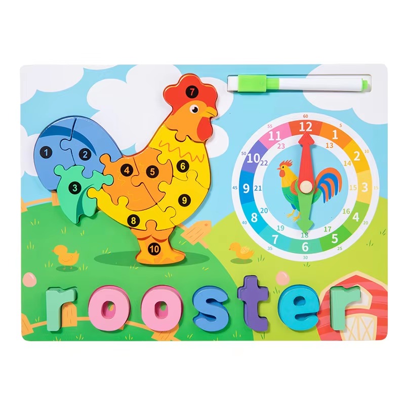 Wooden 4in1 3D Puzzle Sorting & Drawing Board With Clock