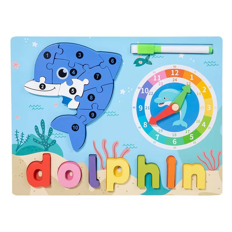 Wooden 4in1 3D Puzzle Sorting & Drawing Board With Clock