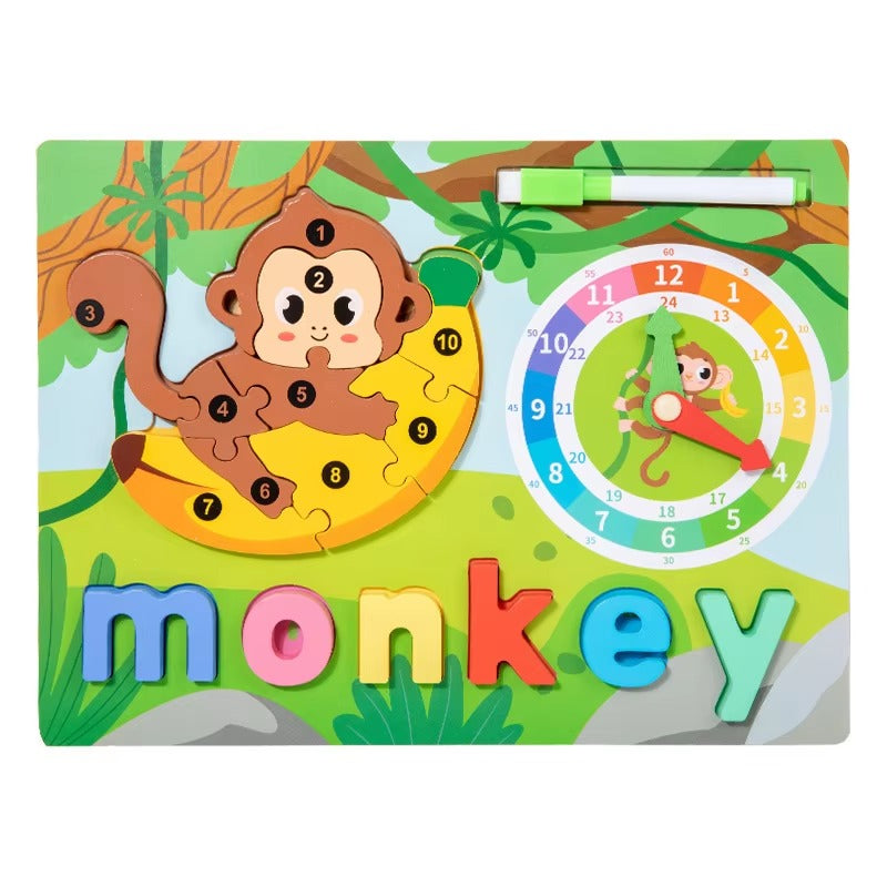 Wooden 4in1 3D Puzzle Sorting & Drawing Board With Clock