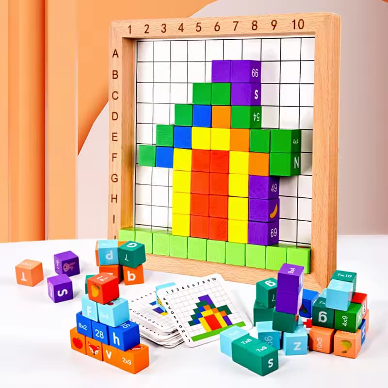 Wooden Multifunctional Building Blocks Puzzle Board With Flash Cards
